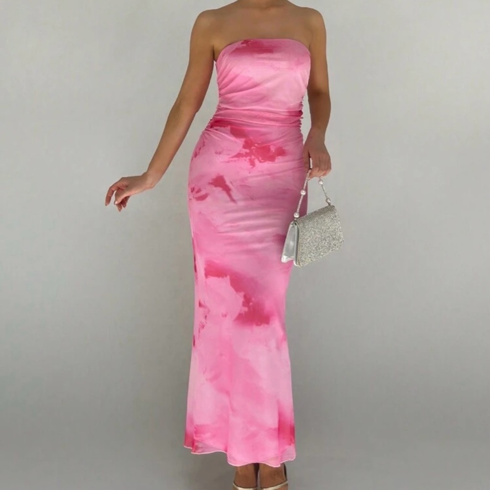 Shein Strapless Pink Maxi Bodycon TieDye Dress